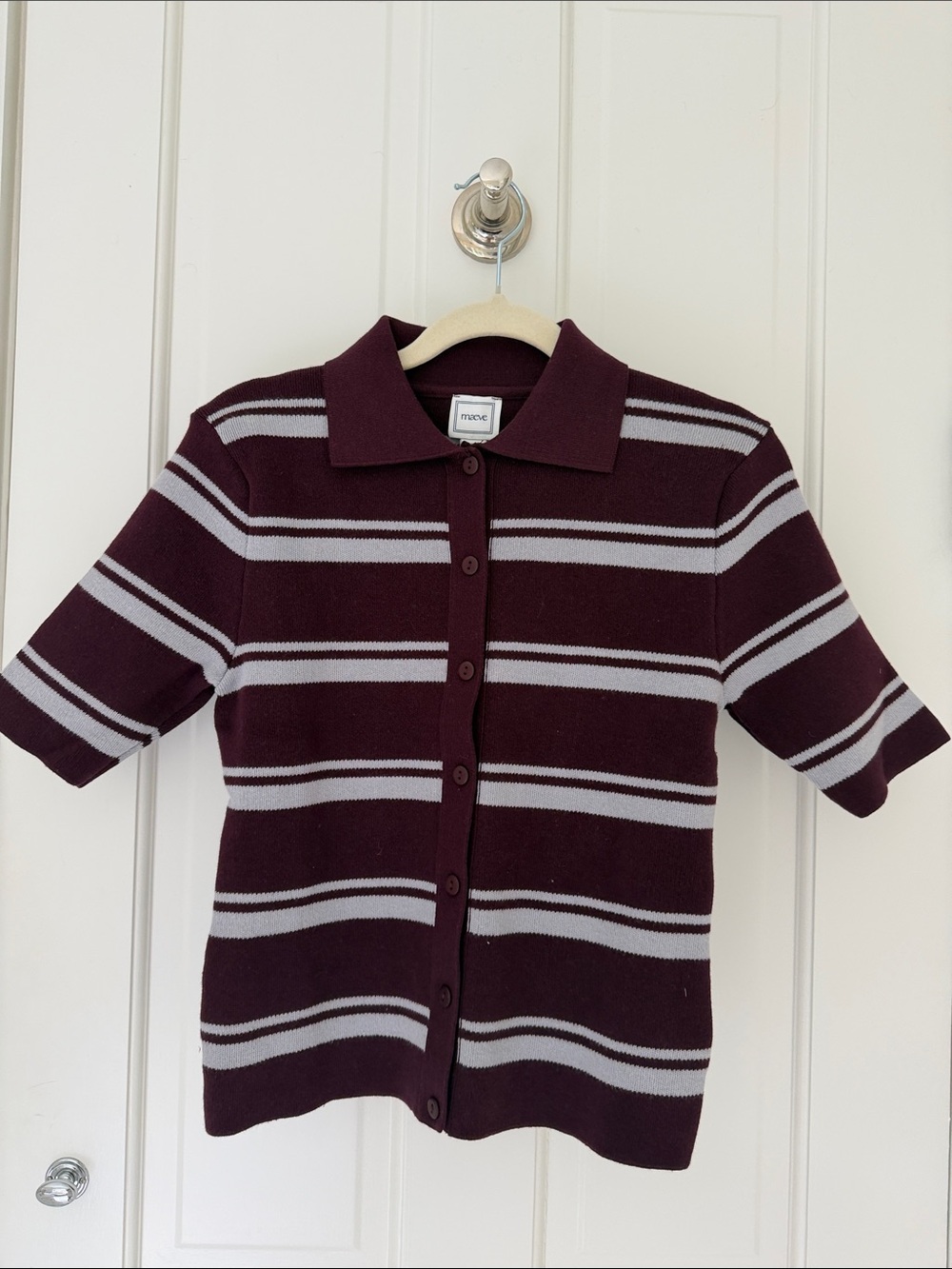 Women’s Maroon & Light Gray Striped Knit Polo Button-Up